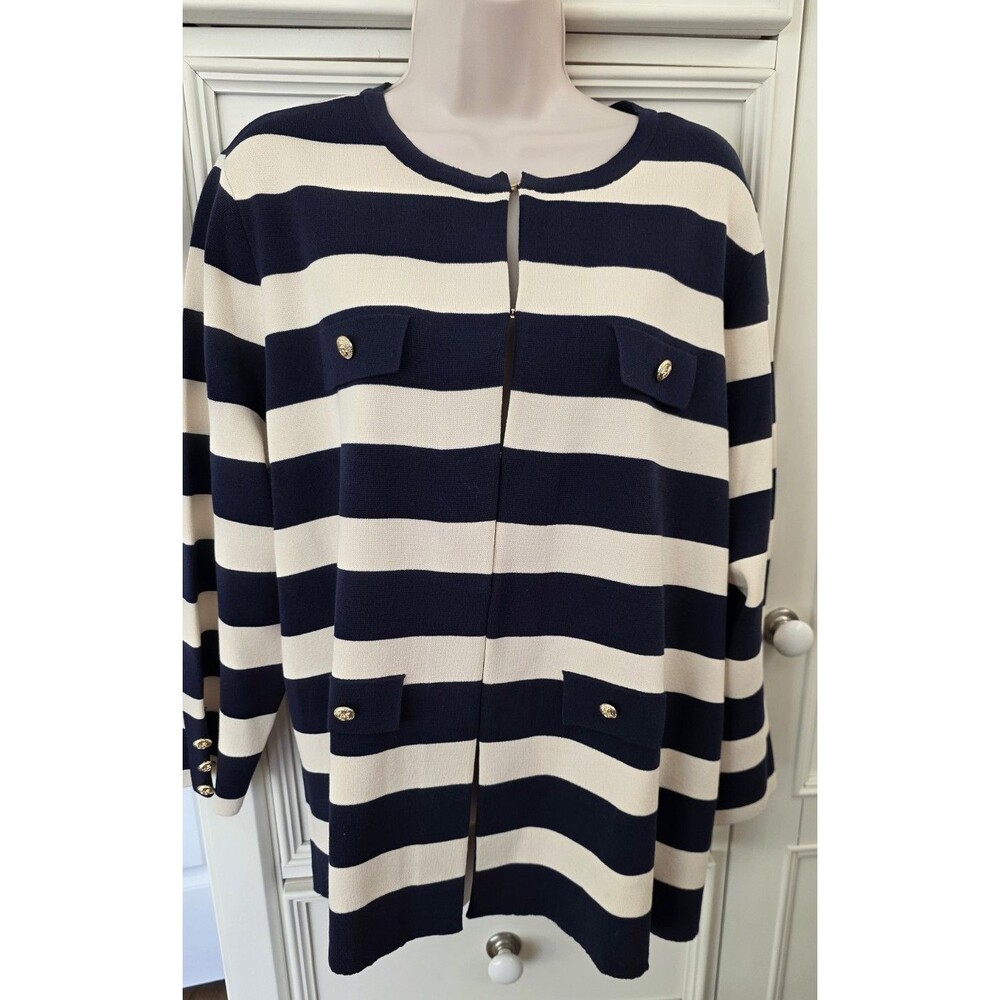 Anne Klein Sweater Jacket Navy & White Stripes Casual Blazer Gold Accents 2X
